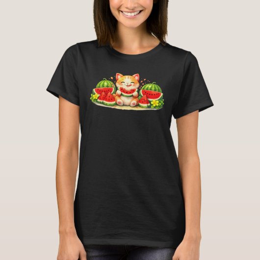 かわいい猫のスイカイラスト Tシャツ (正面)