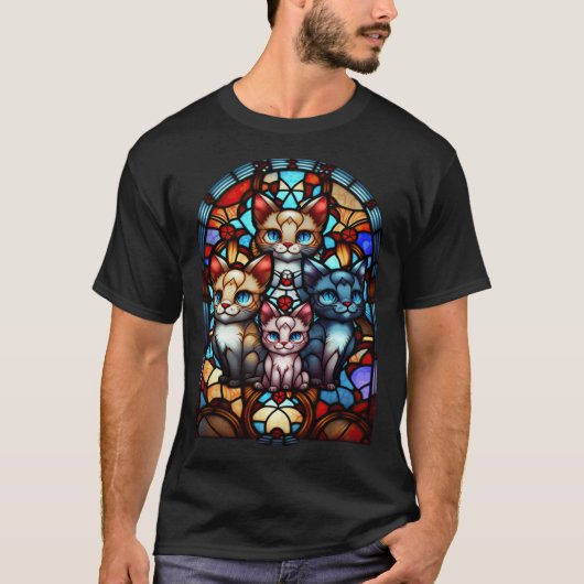 かわいい猫のステンドグラスの窓の猫 Tシャツ (正面)