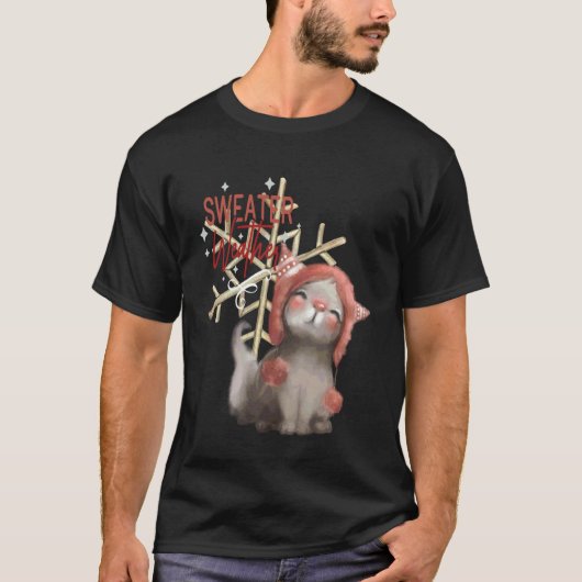 かわいい猫のセーターの天気のビーニー 雪の結晶 冬 Tシャツ (正面)