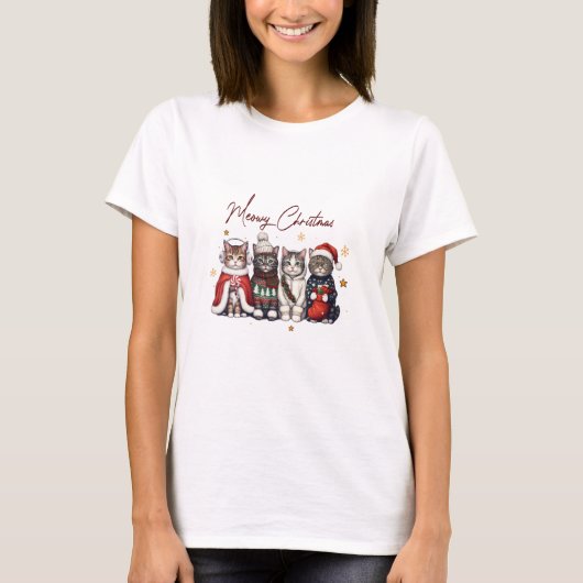 かわいい猫のタイポグラフィースクリプト メリークリスマス Tシャツ (正面)
