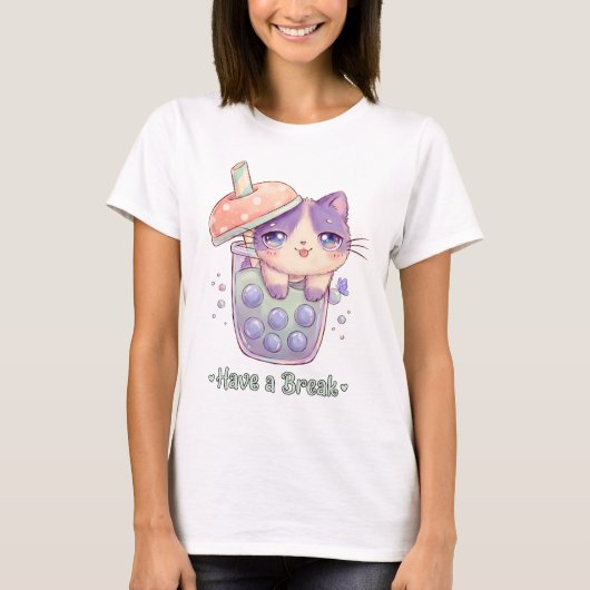 かわいい猫のタピオカティーシャツ | Have a Break Bubble Tシャツ (正面)