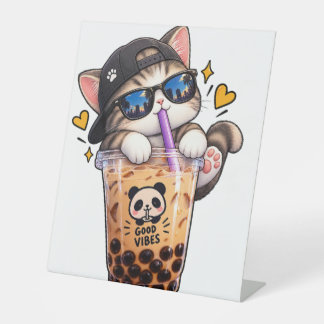 かわいい猫のタピオカティー グッドバイブス かわいいボバ ステッカー 台座サイン