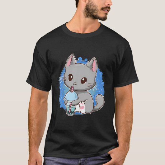 かわいい猫のタピオカミルクティー Tシャツ (正面)
