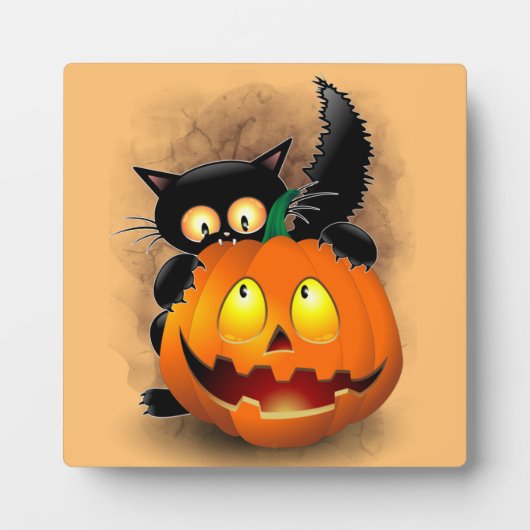 かわいい猫のハロウィンキャラクターがカボチャをかじっている フォトプラーク (正面)