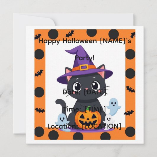 かわいい猫のハロウィンパーティー招待状｜編集可 招待状 (正面)