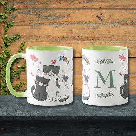 かわいい猫のハートテーマのモノグラム マグカップ