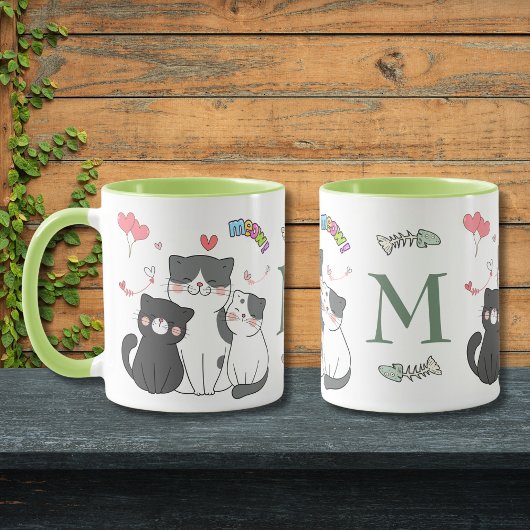 かわいい猫のハートテーマのモノグラム マグカップ