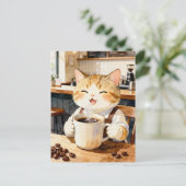 かわいい猫のバリスタ 水彩アート ポストカード (スタンド正面)