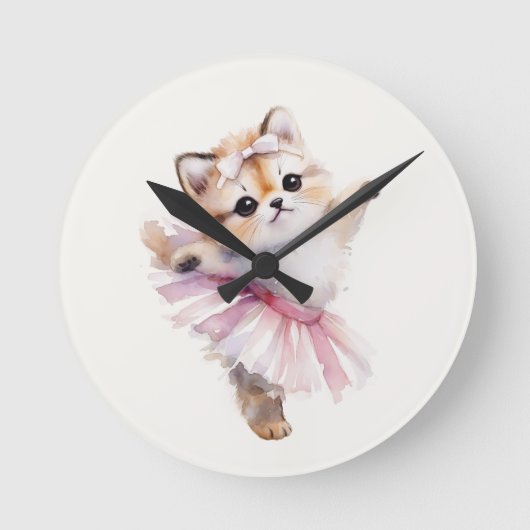 かわいい猫のバレリーナのドアサイン(名前入り) ラウンド壁時計 (正面)