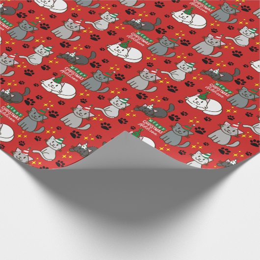 かわいい猫のパーソナライズされたクリスマス ラッピングペーパー (角)