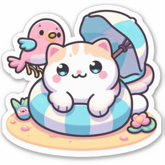 かわいい猫のビーチデザイン シール (正面)
