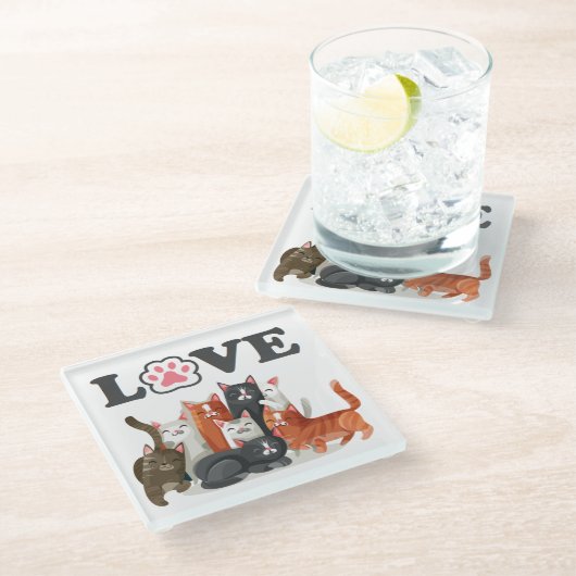 かわいい猫のピエロイラストレーションとLOVE ガラスコースター (アングル)