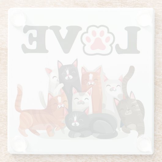 かわいい猫のピエロイラストレーションとLOVE ガラスコースター (裏面)