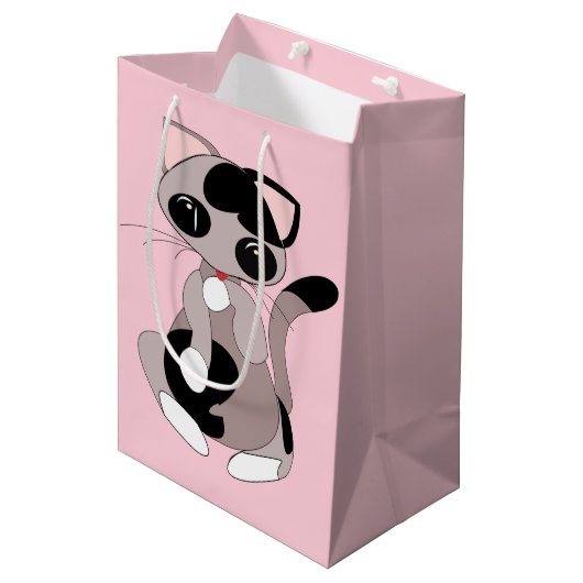 かわいい猫のピンクのギフトバッグ ミディアムペーパーバッグ (正面アングル)
