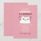 かわいい猫のピンクの子供の誕生日 招待状 (正面/裏面)