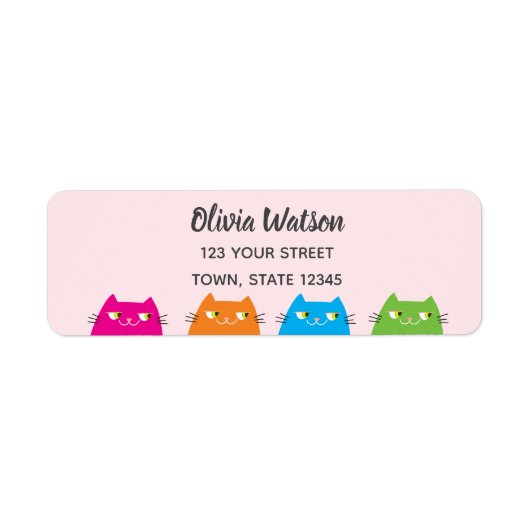 かわいい猫のピンク返信先住所ラベル ラベル (正面)