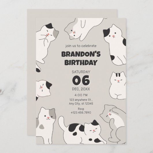 かわいい猫のペットの誕生日 招待状 (正面/裏面)