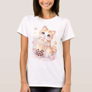 かわいい猫のボバTシャツ、かわいいタピオカティーの猫のTシャツ Tシャツ