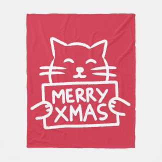 かわいい猫のメリークリスマス フリースブランケット