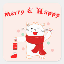 かわいい猫のメリーハッピー | かわいいクリスマスステッカー スクエアシール