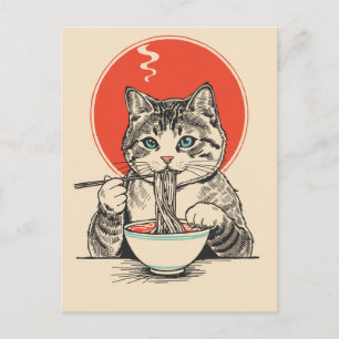 かわいい猫のラーメン食べるトレンディーなデザイン ポストカード