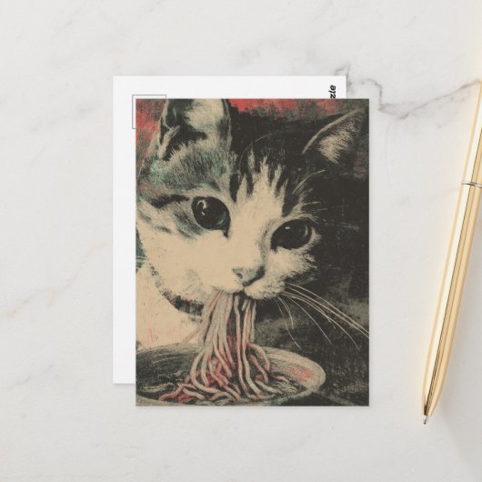 かわいい猫のラーメン食べ ポストカード (正面/裏面インサイチュ)