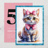 かわいい猫のリボン 誕生日おめでとう 招待状 (正面/裏面)