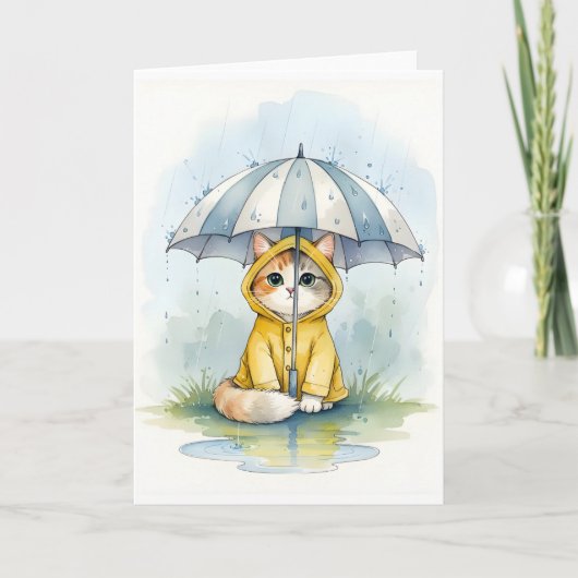 かわいい猫のレインコートと傘の水彩画 カード (正面)