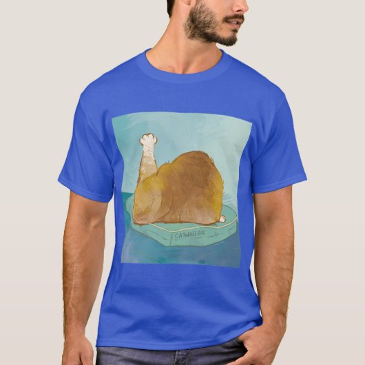 かわいい猫のローストターキーポーズ 面白い猫の食べ物好きアート Tシャツ (正面)