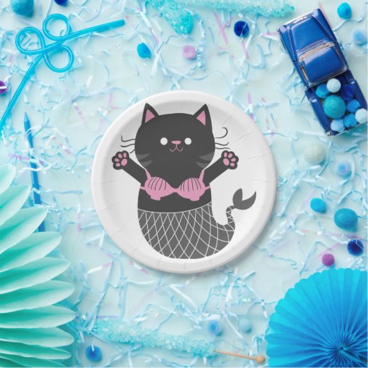 かわいい猫の人魚のシルエット-背景色を選ぶ ペーパープレート (パーティー)