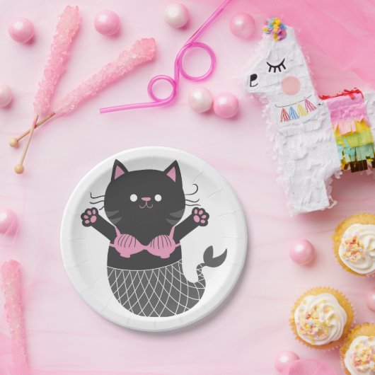 かわいい猫の人魚のシルエット-背景色を選ぶ ペーパープレート (パーティー)