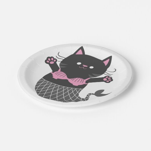 かわいい猫の人魚のシルエット-背景色を選ぶ ペーパープレート (アングル)