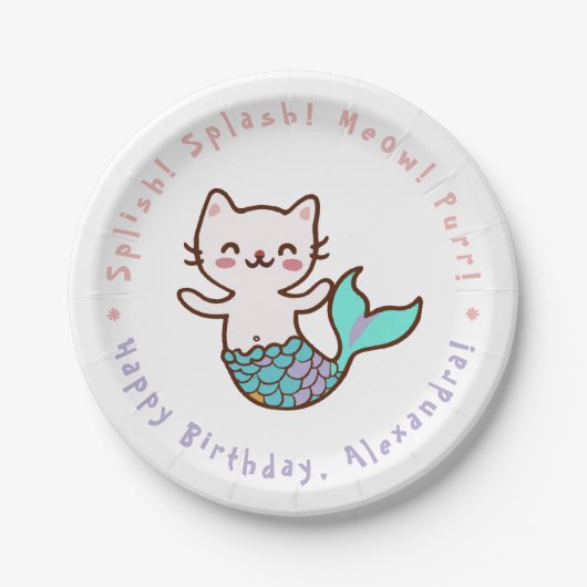 かわいい猫の人魚の女の子の誕生日　にゃんまーど　ぷーまーど ペーパープレート (正面)