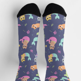 かわいい猫の人魚 カラフルイラストパターン ソックス