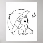 かわいい猫の傘と落ち葉のぬりえ ポスター (正面)