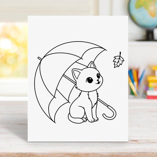 かわいい猫の傘と落ち葉のぬりえ ポスター