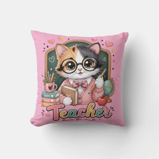 かわいい猫の先生 ピンクのスローピロー クッション (正面)