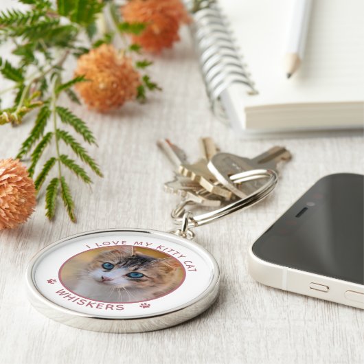 かわいい猫の写真の名前ピンクの手がプリントパーソナライズされた キーホルダー (側面)