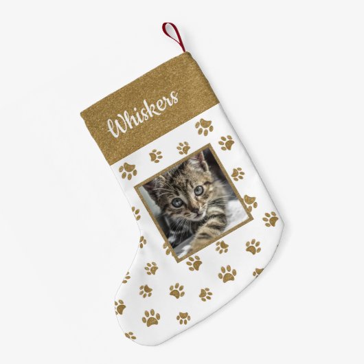 かわいい猫の名前フォト金ゴールドグリッターポープリント スモールクリスマスストッキング (裏面 (吊り時))