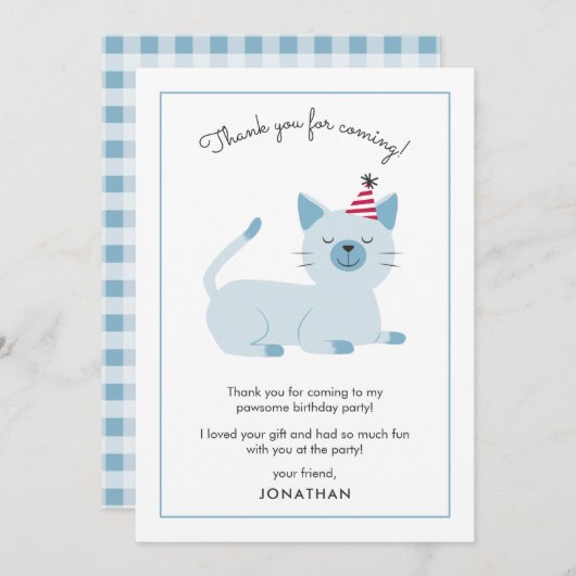 かわいい猫の子供の誕生日パーティー サンキューカード (正面/裏面)