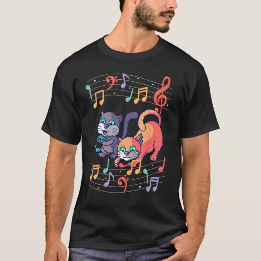 かわいい猫の子猫が音楽の音符のト音記号ミュージシャンのアート Tシャツ (正面)