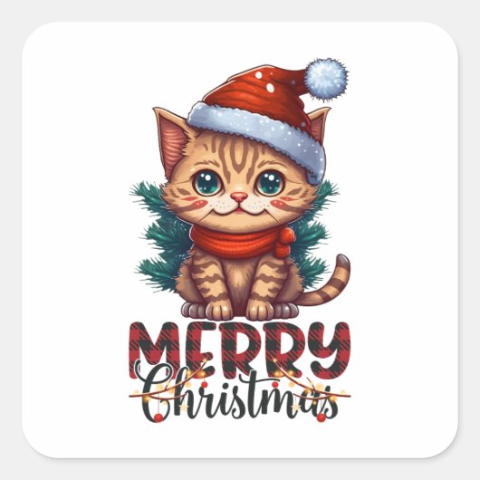 かわいい猫の子猫メリークリスマススクエアステッカー スクエアシール (正面)
