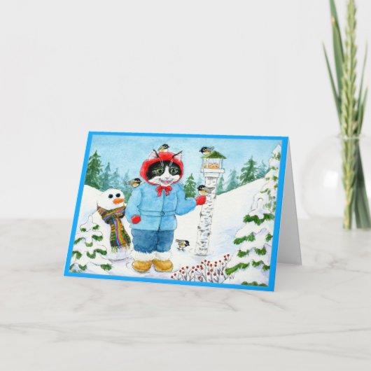 かわいい猫の子鳥フィーダー  グリーティングカード シーズンカード (正面)
