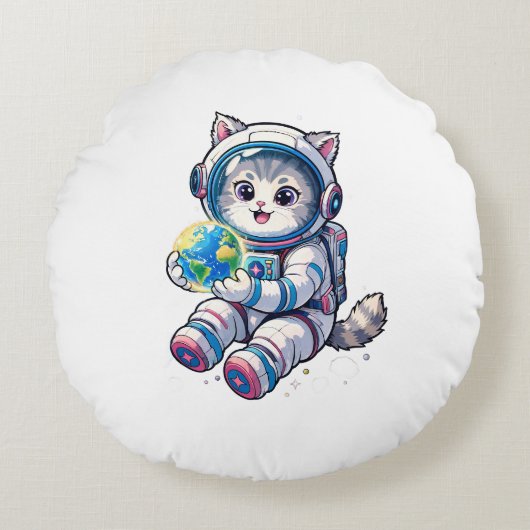 かわいい猫の宇宙飛行士が地球を抱えた漫画風スペースアート ラウンドクッション (正面)