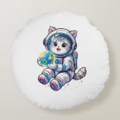 かわいい猫の宇宙飛行士が地球を抱えた漫画風スペースアート ラウンドクッション (裏面)