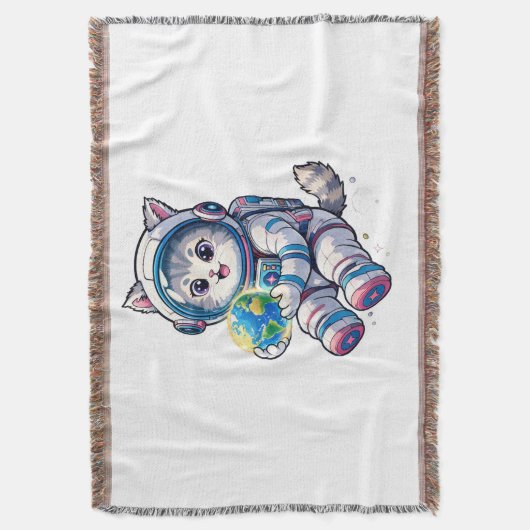 かわいい猫の宇宙飛行士が地球を抱える漫画の宇宙アート スローブランケット (正面縦)