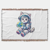 かわいい猫の宇宙飛行士が地球を抱える漫画の宇宙アート スローブランケット (正面)