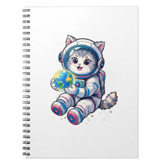 かわいい猫の宇宙飛行士が地球を抱える漫画の宇宙アート ノートブック