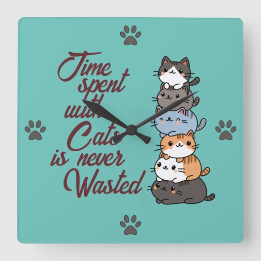 かわいい猫の山積み、猫と過ごす時間 スクエア壁時計 (正面)