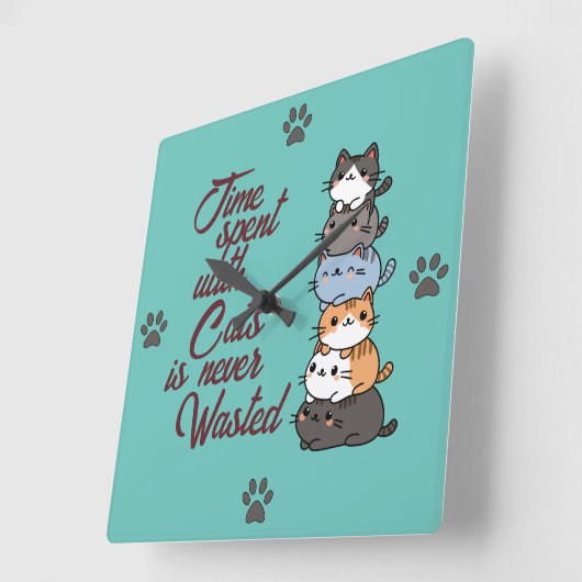 かわいい猫の山積み、猫と過ごす時間 スクエア壁時計 (傾斜)